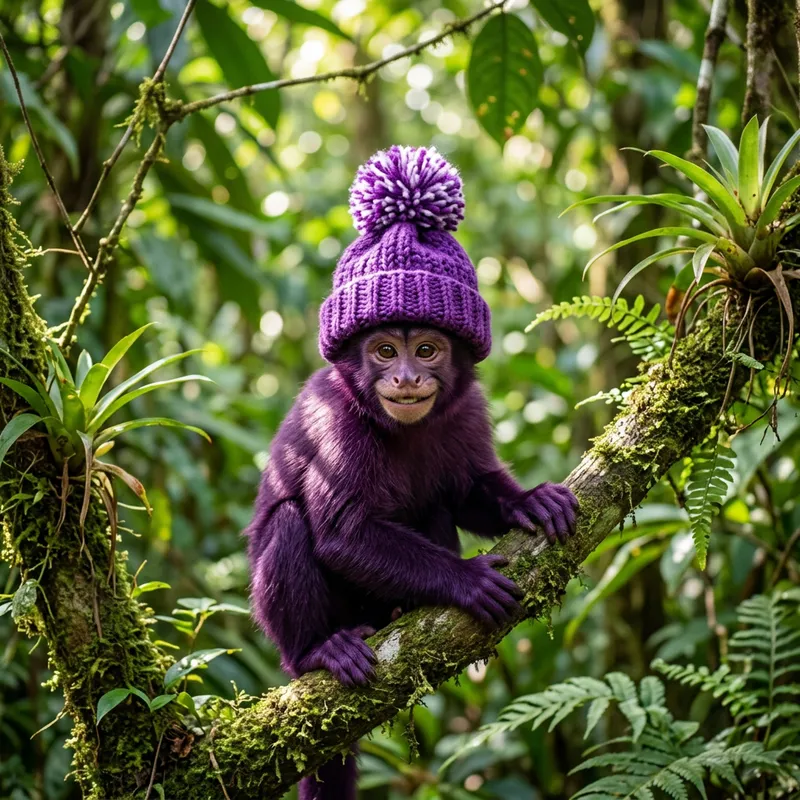 Purple Monkey with Bobble Hat in Lush Forest