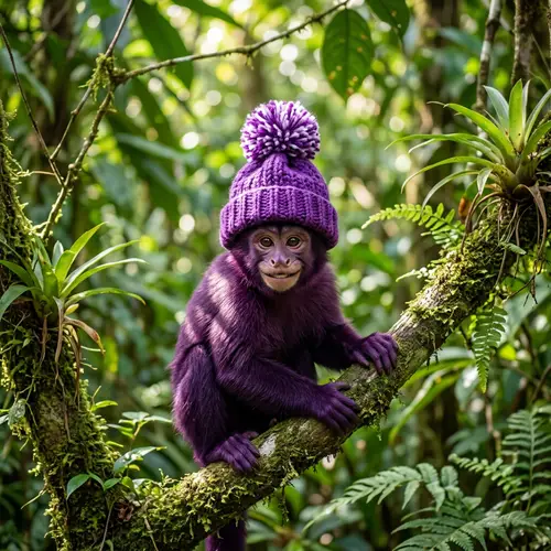 Playful Purple Monkey with Bobble Hat in Lush Forest