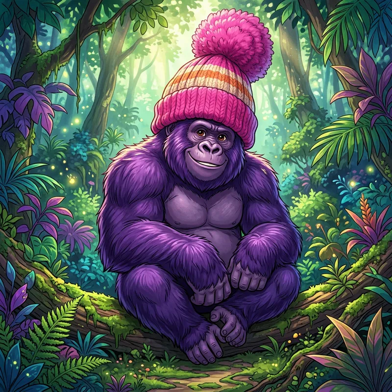 Vibrant Purple Gorilla with Pink Bobble Hat - Anime Style Artwork