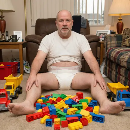 Bald Man in Diaper Enjoying Playtime