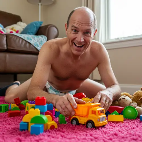 Bald Man in Diaper Enjoying Playtime