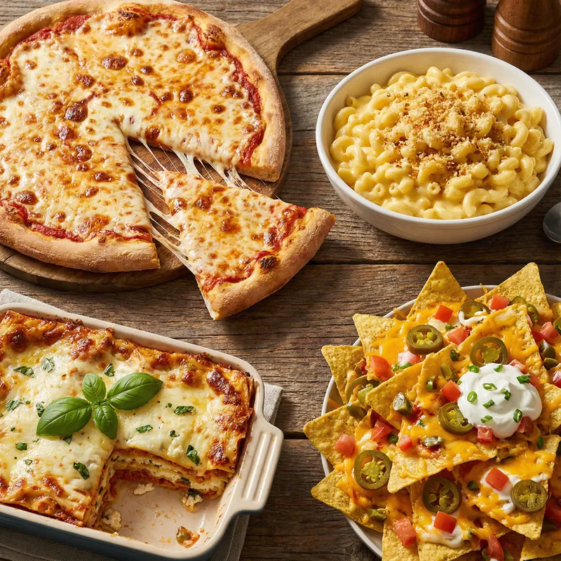 Delicious Cheesy Dishes: Margherita Pizza, Mac and Cheese, Lasagna, Nachos