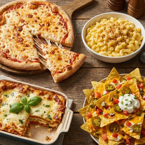Delicious Cheesy Food: Pizza, Mac and Cheese, Lasagna, Nachos