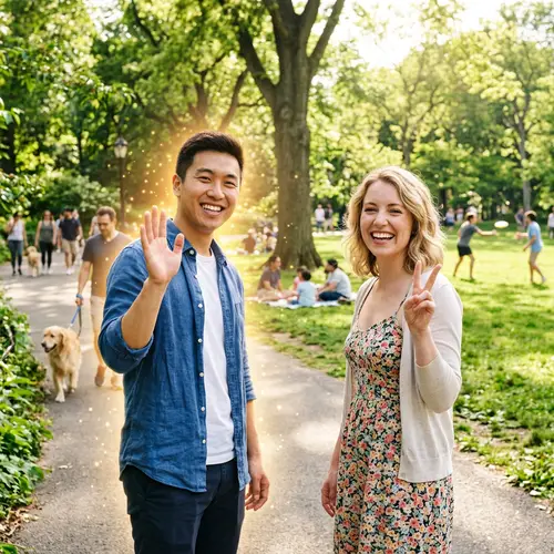 Friendly Greetings in a Sunny Park Setting