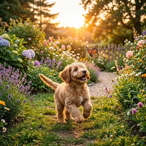 Playful Small Breed Puppy Chasing Butterfly in Lush Garden