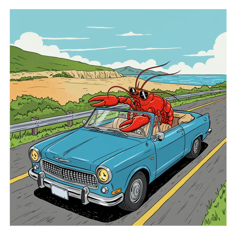 Lobster in Convertible Car Illustration