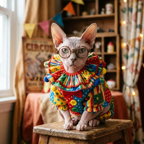 Bald Cat in Clown Suit and Glasses - Fun & Adorable