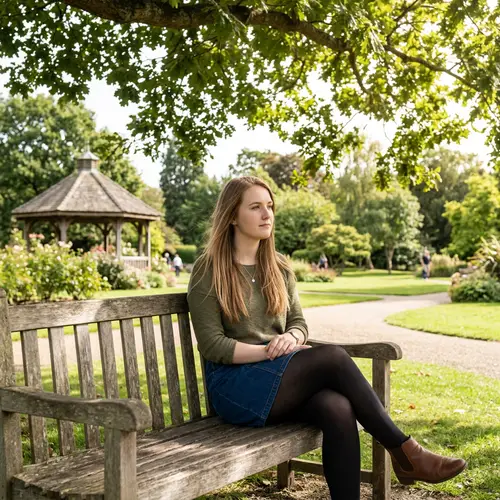 Serene Park Scene with Young Woman Lost in Thought
