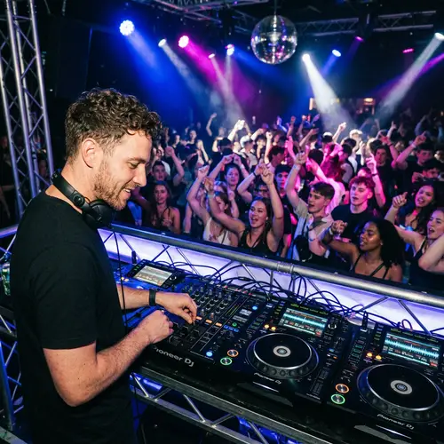 Professional DJ Mixing Tracks in Vibrant Nightclub