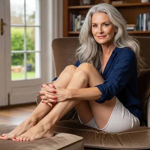 Mature Woman with Grey Hair and Red Toenails