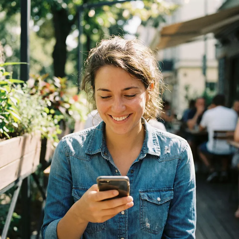 Warm Smile of a Young Woman with Smartphone