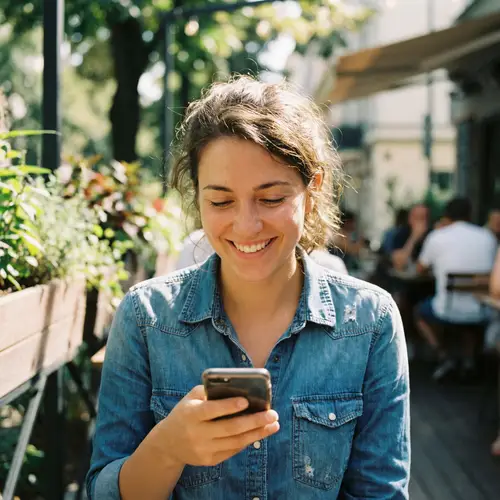 Warm Smile of a Young Woman with Smartphone