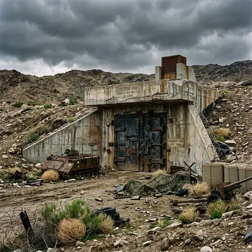 Fortified Military Bunker: Concrete Structure in Barren Landscape