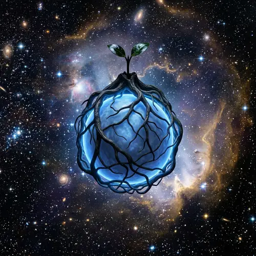 Luminous Blue Sphere with Celestial Roots & Sprouts