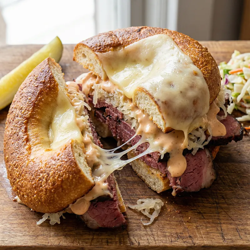Delicious Pastrami Bagel with Sauerkraut & Swiss Cheese