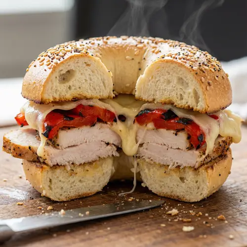 Delicious Bagel Sandwich with Turkey, Roasted Red Pepper, and Swiss Cheese