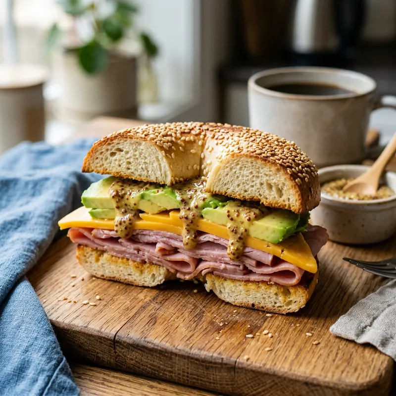Delicious Bagel Sandwich with Fresh Ham, Cheddar, Avocado & Mustard Sauce