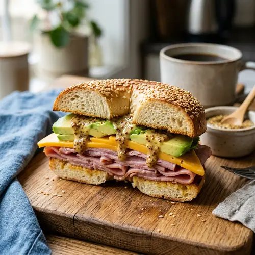 Savory Bagel Sandwich with Ham, Cheddar, and Avocado