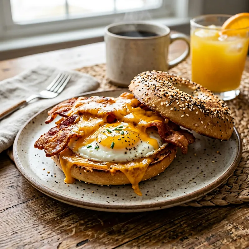 Tasty Bagel with Egg Patty, Crispy Bacon, and Cheddar Cheese Tasty Bagel with Egg Patty, Crispy Bacon, and Cheddar Cheese