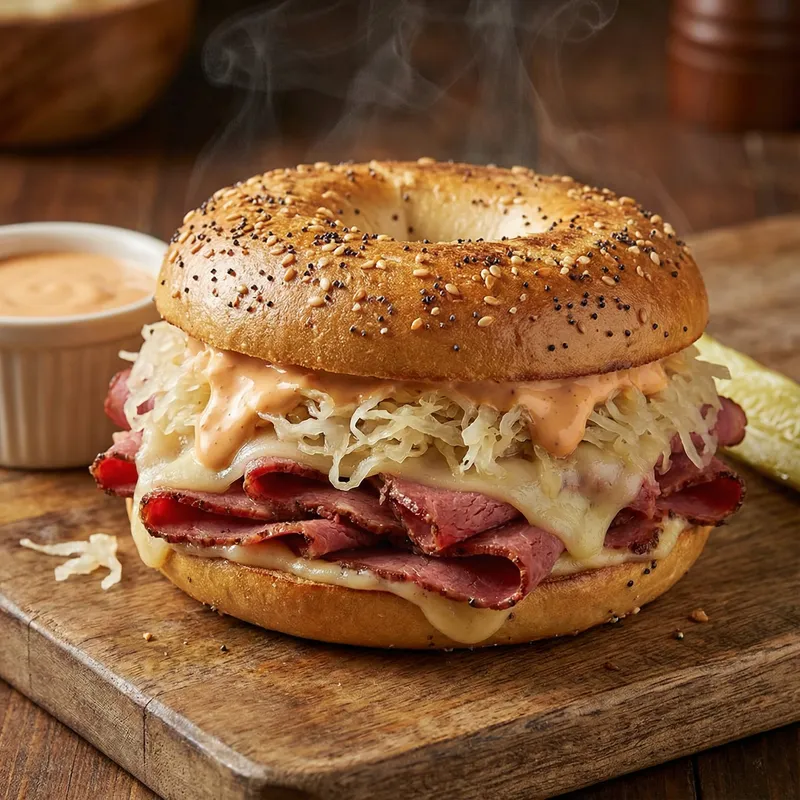 Delicious Bagel with Pastrami, Sauerkraut, Swiss Cheese & Thousand Island Delicious Bagel with Pastrami, Sauerkraut, Swiss Cheese & Thousand Island