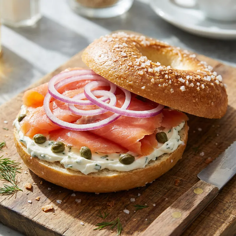 Delicious Salt Bagel with Lox, Chive Cream Cheese, Capers, and Onions