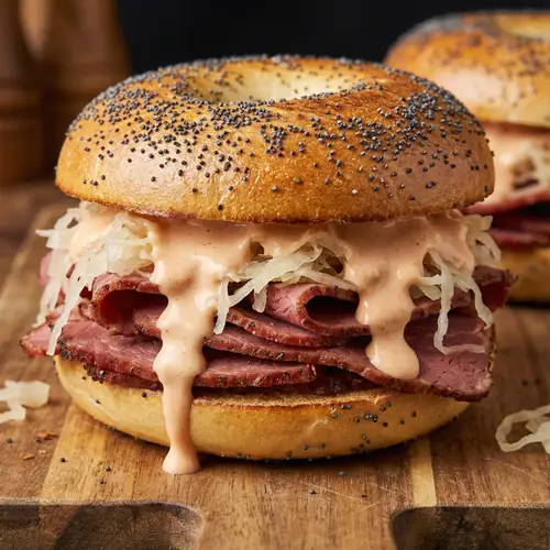 Savory Pastrami Bagel with Sauerkraut and Thousand Island Dressing
