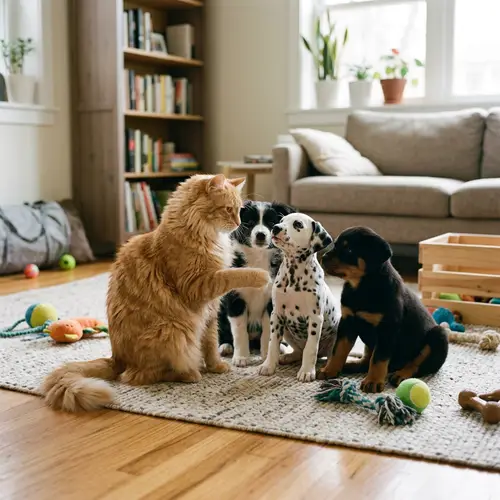 Female Cat Teaching Puppies: Nurturing Lessons in a Modern Living Room