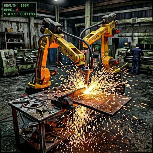Robotic Arm Cutting Metal Spraying Sparks - PlayStation 2 Graphics