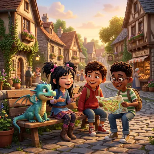 Spark and Friends in Cozy Village | 3D Animation Style Image