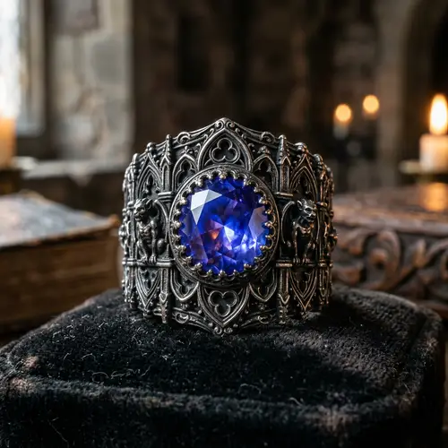 Intricate Gothic Stone Ring with Luminous Gem