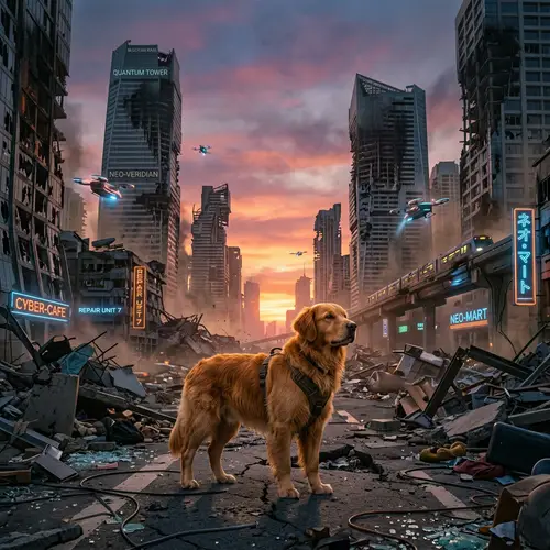 Resilient Golden Dog in Futuristic Post-catastrophe City