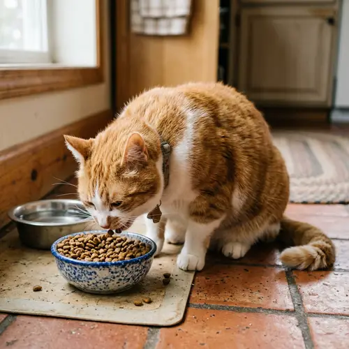 Adorable Ginger and White Cat Eating Kibble