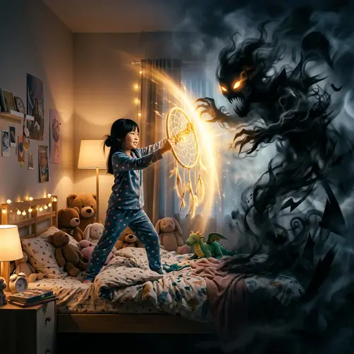 Young Asian Girl Defeats Sleep Demon with Dream-Catcher