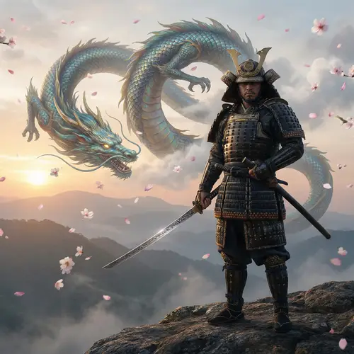 Samurai Warrior with Dragon and Cherry Blossom - Symbolism and Tradition