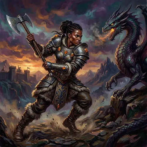 Fierce Female Viking in Vibrant Armor Battling Dragon