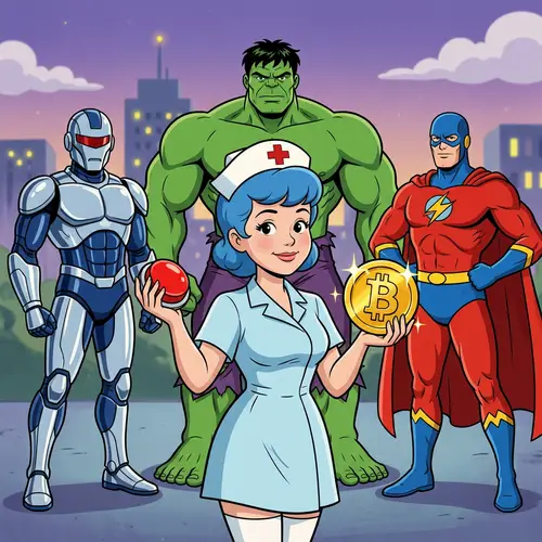 Blue-Haired Nurse in Classic Animation Style with Fantastical Characters