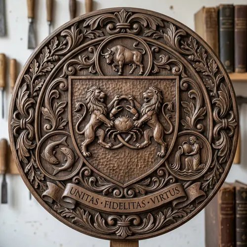 Detailed Family Crest with Zodiac Signs | Monochrome Wood Carved Style
