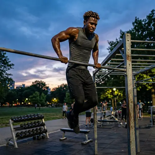African Male Performing Muscle Up Exercise at Outdoor Gym