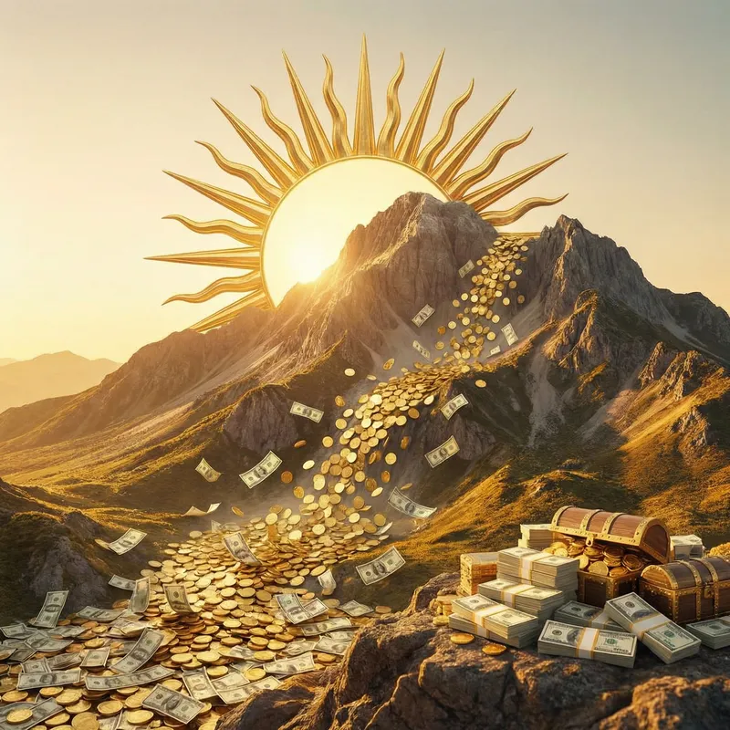 Sun and Mountain with Money: Illustrating Growth and Wealth