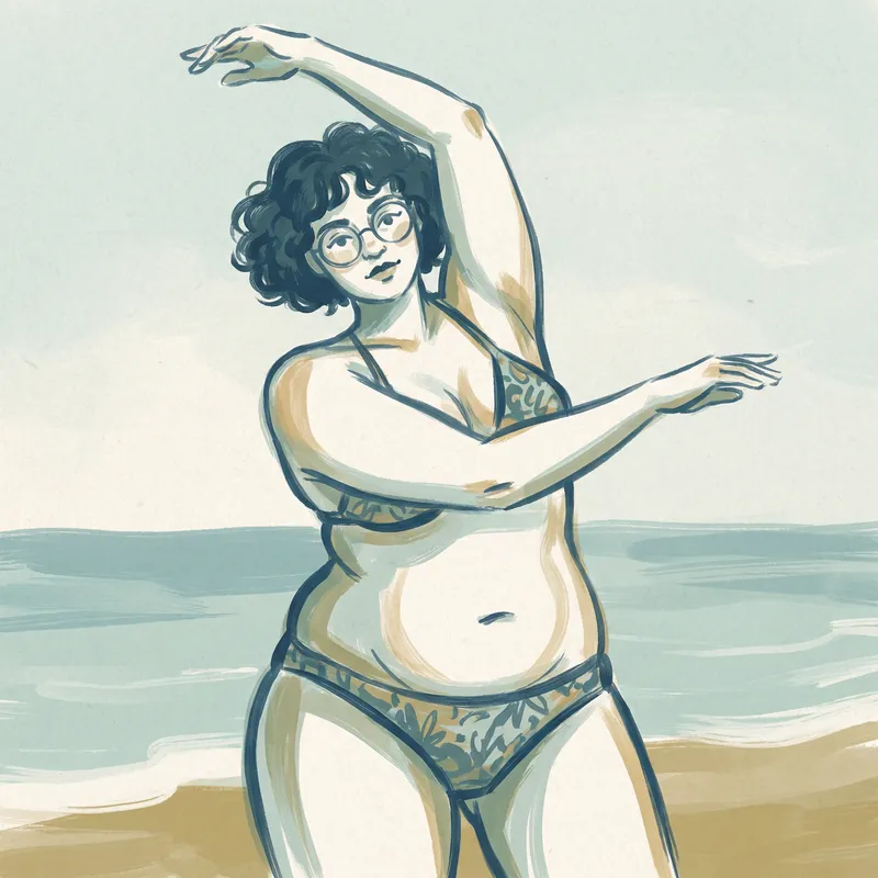 Digital Art: Stylized Tall Woman with Wide Shoulders in Bikini