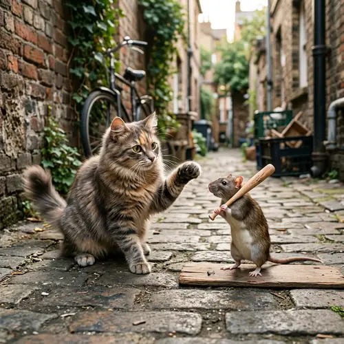 Engaging Scene of Cat and Rat in Playful Activity