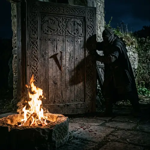 Ancient Door with Fire and Mystery