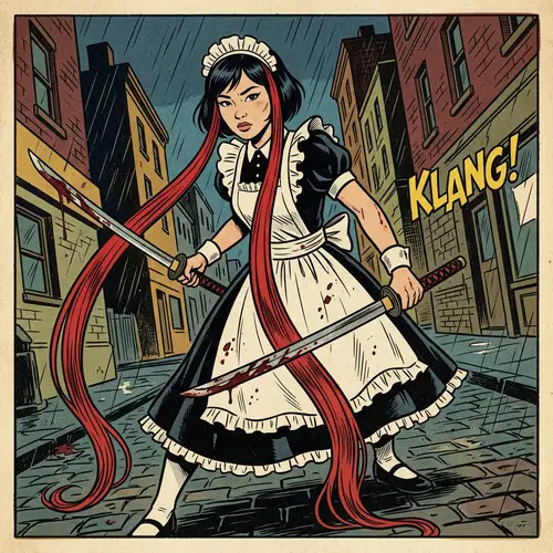 Asian Maid Cosplay with Bloodied Katanas | Comic Style Art