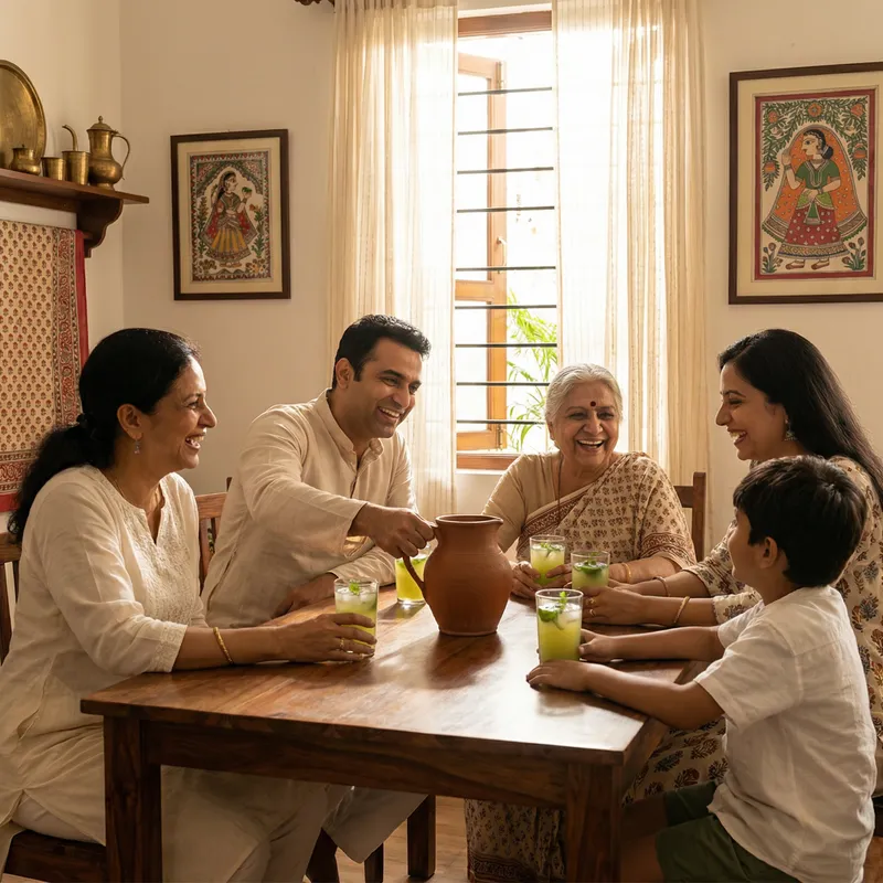 Authentic Indian Family Relaxing with Aam Pana Drink at Home