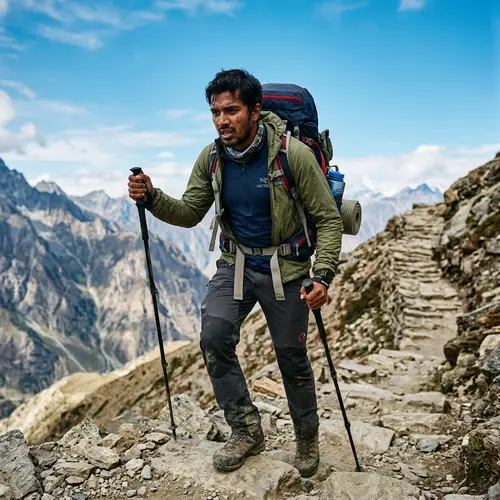 Solo Hiking Adventure: South Asian Male Ascending Steep Rocky Trail