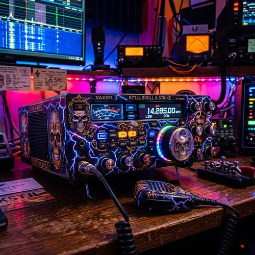 Vibrant Ham Radio with Skulls and Lightning Art