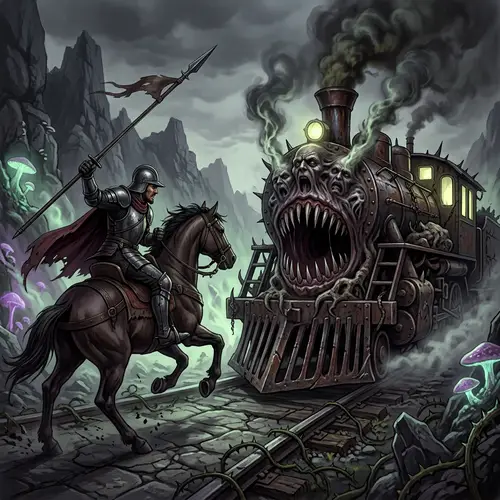 Hispanic Knight on Horseback vs. Scary Train: Fantasy Horror Scene