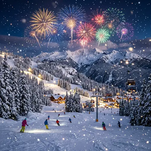 Winter Ski Slope: Snow-Covered Trees & Fireworks Display