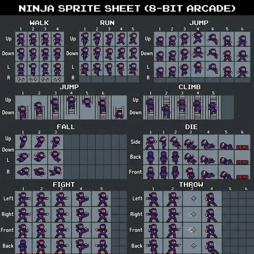 Ninja Sprite Sheet - 4 Way Low Res Arcade Sprites