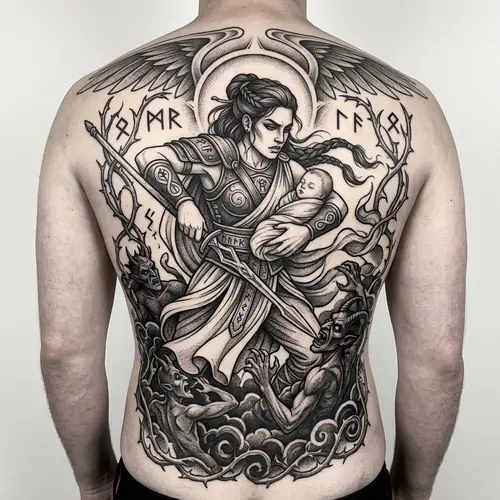 Strong Mythological Female Character Tattoo Design for Protection and Strength